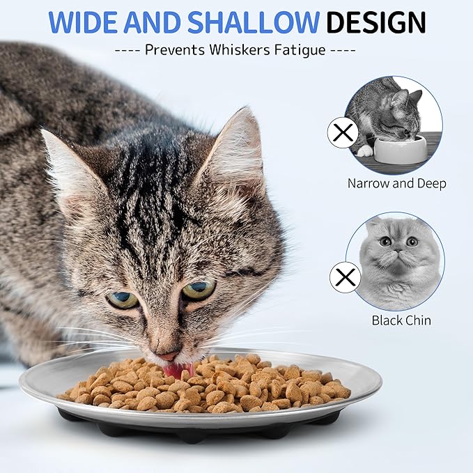 304 Stainless Steel Cat Plates for Wet food, 6.7" Shallow/Wide Whisker Friendly Cats Food Bowls, Non-Slip Silicone Base,Easy to Clean Indoor Cat Feeding Dishes, 2 Pack
