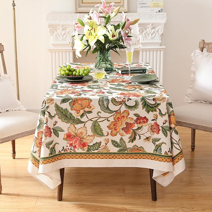 patdrea Designer Linen Rectangle Tablecloth,Vintage Provencal Rustic Floral Pattern Tablecloths,Decorative Table Cover Cloth for Kitchen,Dining Room,Tea Party,Home,Christmas,55"*71"