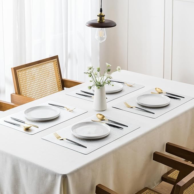 Jovono Faux Leather Placemats Set of 8, Waterproof Washable Table Mats, Easy-Clean Heat Resistant Kitchen Vinyl Place Mat for Dining Table, Wedding, Holidays, Indoor, 17.8"x11.8", Silver