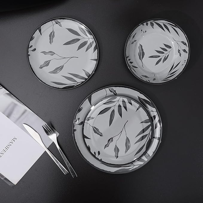 12pcs Melamine Dinnerware Set - Service for 4 Melamine Plates and Bowls Set, Unbreakable Dinner Salad Dessert Plate, Cereal Bowl Set for Indoor/Outdoor, Gray Leaf