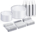 WELLIFE 450 PCS Silver Disposable Dinnerware Set for 75 Guests, Wedding Plates Silver Plastic Plates for Party, Including 75 Dinner Salad Plates, Cups, Forks Knives Spoons for Wedding and Party