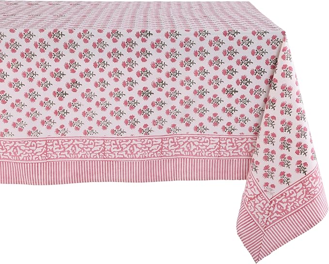ATOSII Gulbahar White Pink 100% Cotton Fall Rectangle Tablecloth, Hand Block Print Washable Table Cover, Christmas Parties Buffet Dining, Weddings, Thanksgiving, Halloween, 60 X 108 Inches 8 Seater