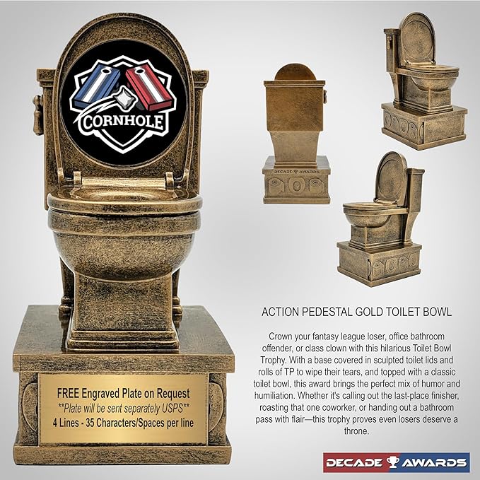 Decade Awards Action Pedestal Gold Toilet Bowl Trophy with Optional Inserts - Custom Engraved Plate On Request (7 Inch Tall)
