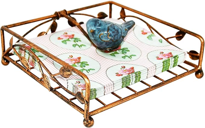 OwlGift Collection Bronze Coated Metal Flat Napkin Holder Dispensing Stand w/Ceramic Bird, Kitchen and Countertop Flat Napkin Storage Organizer