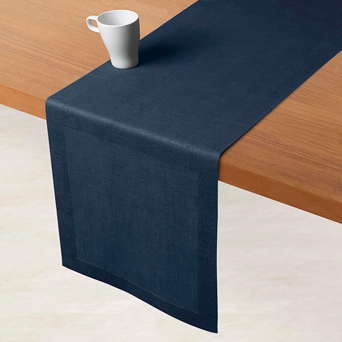 D'Moksha Homes Linen Navy Blue Table Runner 132 Inches Long - 100% Pure Linen Extra Long Table Runner 14 x 132 Inch for Easter - Machine Washable