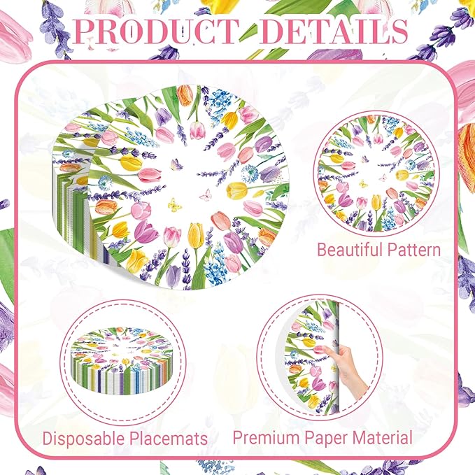 50PCS Watercolor Floral Disposable Paper Placemats - Spring Tulip & Lavender Round Table Mats for Birthday Wedding Baby Shower Party Decoration