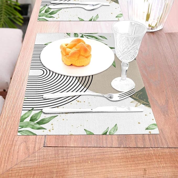 Boho Sage Green Placemats Abstract Bohemian Mid Century Modern Gold Leaves Plant Olive Grey Minimalist Washable Place Mats 12x18Inch for Dining Kitchen Farmhouse Decor 6 PCS