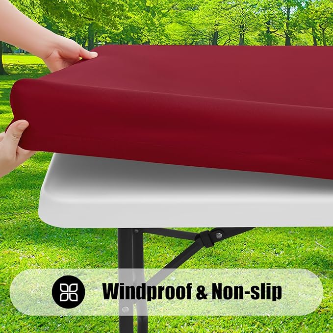 Smiry Rectangle Picnic Table Cloth, Waterproof Elastic Fitted Tablecloths for 8 Foot Tables, Washable Polyester Table Cover for Camping, Indoor and Outdoor (Wine Red, 30"x96")