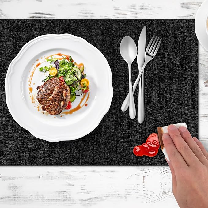 Placemats Set of 8, Washable Heat Resistant Table Placemats Wipeable Faux Leather Place Mats Non Slip, Waterproof Square Table Mats for Indoor Outdoor, Black