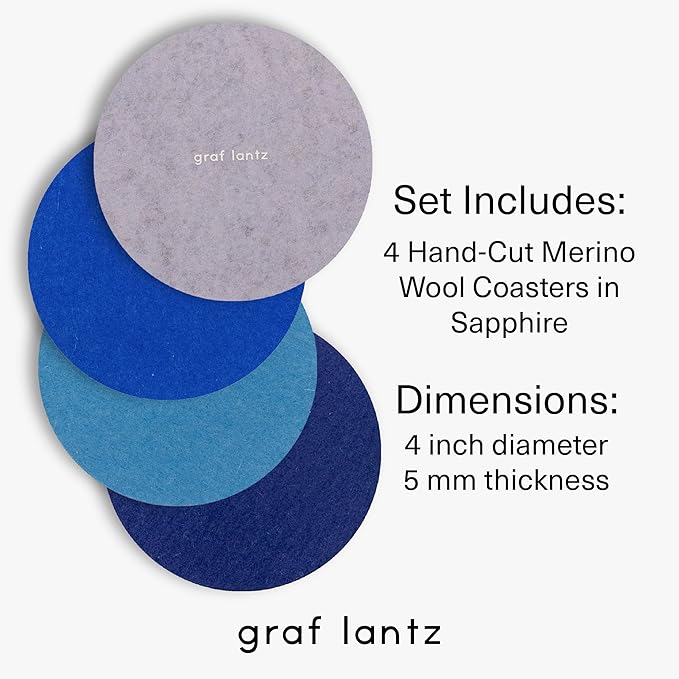 Graf Lantz - Bierfilzl Merino Wool Round Coasters Set of 4 - Sapphire (4"x4"x5mm) - Absorbs 30% of Weight - Natural German Wool - Heat Resistant, Sustainable, Reusable - Home Decor