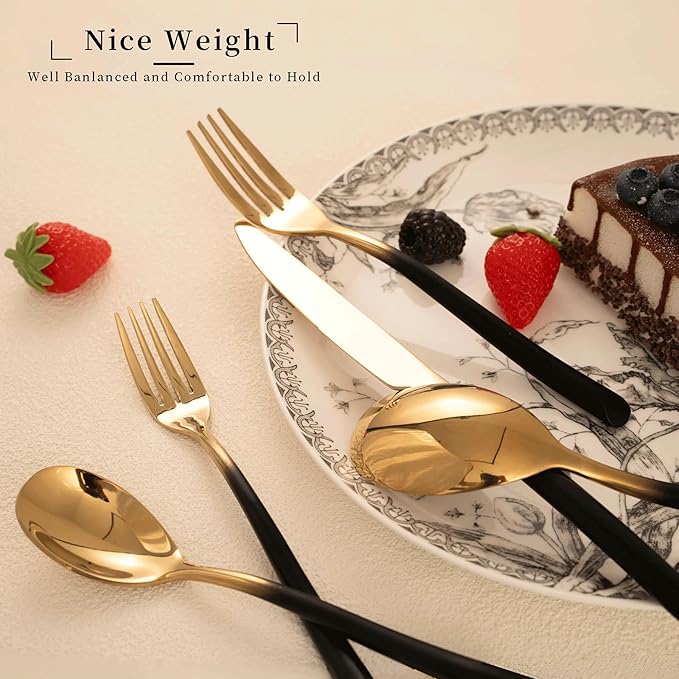 Black and Gold Silverware Set for 4 Modern 20 Piece Flatware Set Stainless Steel Mirror Polished Unique Black Gradual Change Gold Cutlery Utensils Sets for Home Kitchen Restaurant Nice Weight