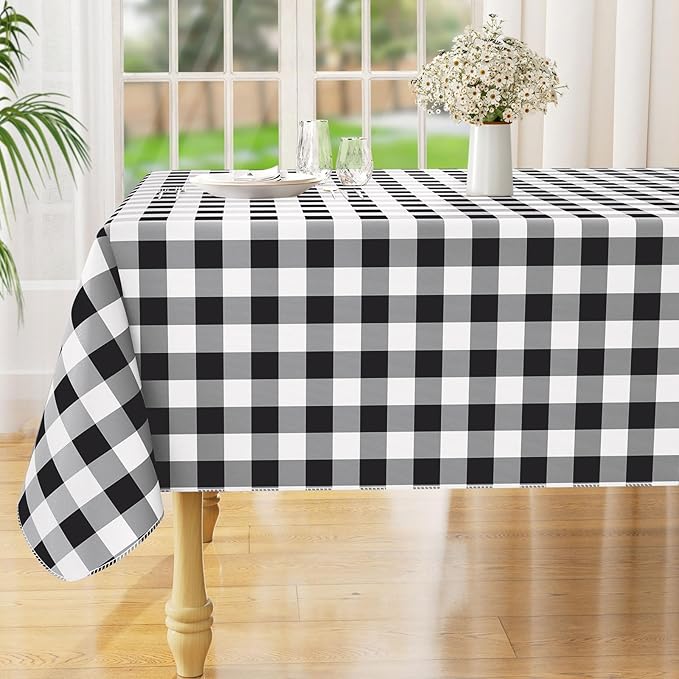 misaya Square Waterproof Vinyl Table Cloth, Buffalo Flannel Backed Tablecloth, Wipeable Plastic Table Cover for Dinner, Kitchen, Outdoor (60" x 60", Black and White)