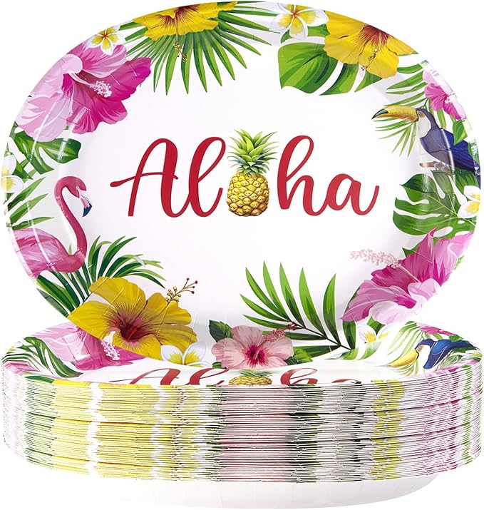 50Pcs Hawaiian Luau Oval Paper Plates 10" X 12" Disposable Tropical Aloha Party Supplies Heavy Duty Hawaiian Hibiscus Floral Luau Party Plate for Tropical Holiday Beach Birthday Party Decoration
