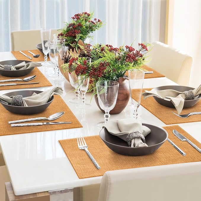 Faux Leather Placemats Set of 8 Washable PU Table mats for Kitchen Table - Heat Resistant, Waterproof, Easy Clean, Anti Slip 11.8" x 17" (Yellow-8 Pack)