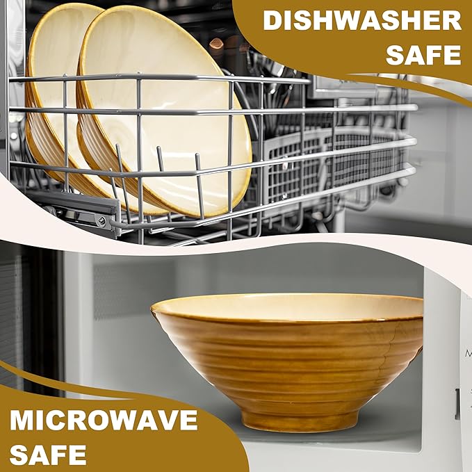 9.4-Inch 4 Sets Ceramic Ramen Bowl (16 Piece) - Japanese Porcelain Dishwasher Microwave Safe Salad Noodles Cereal Pasta Soup Large Bowls with Chopsticks Forks Spoons for Men Women Housewarming Gift