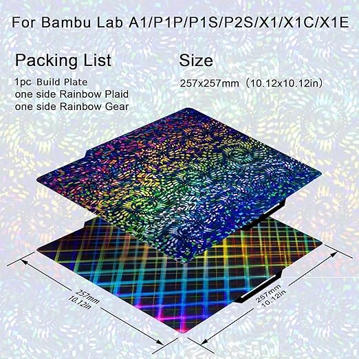 PEW PES Build Plate for Bambu 3D Printers, Smooth Rainbow Gear+Rainbow Plaid Build Plate Flexible Holographic Bed Plate 257x257mm for Bambu Lab X1C/X1/X1E/P1P/P1S/A1 3D Printer