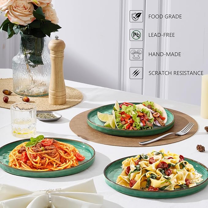LIANYU Ceramic Dessert Plates Set of 6, 10.2 Inch Kitchen Dinner Plates Set, Porcelain Serving Dishes for Cake, Bread, Salad, Snack and Steak, Microwave, Oven and Dishwasher Safe, Emerald Green