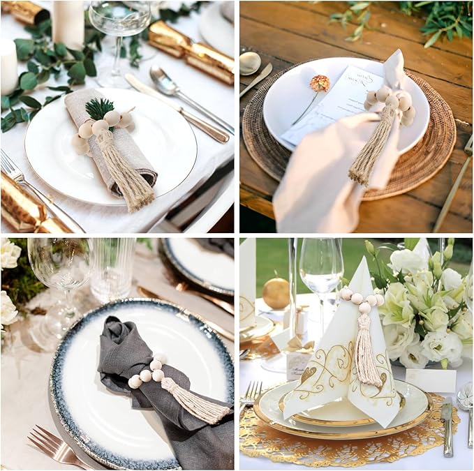 24 Pcs Wooden Bead Napkin Rings, Farmhouse Napkin Rings with Tassel Boho Napkins Ring for Dining Table,Wedding Decoration (Nature)