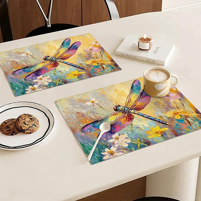 Dragonfly Placemats Set of 6, Dragonfly Flower Table Mats, Floral Washable Place Mats for Coffee Bar Home Party Indoor Kitchen Dining Table Decoration 12x18 Inch