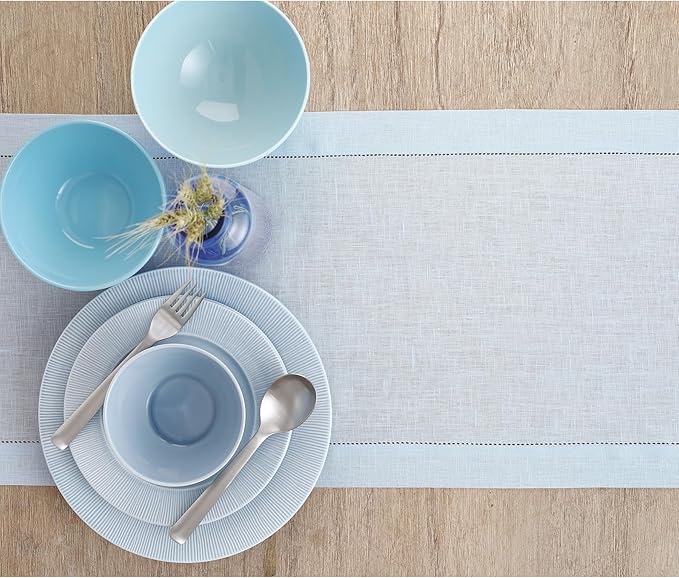 Solino Home Linen Light Blue Table Runner 60 Inches - Classic Hemstitch, 100% Pure Linen Coffee Table Runner 14 x 60 Inch Ideal for Dresser Tables, Spring, Easter
