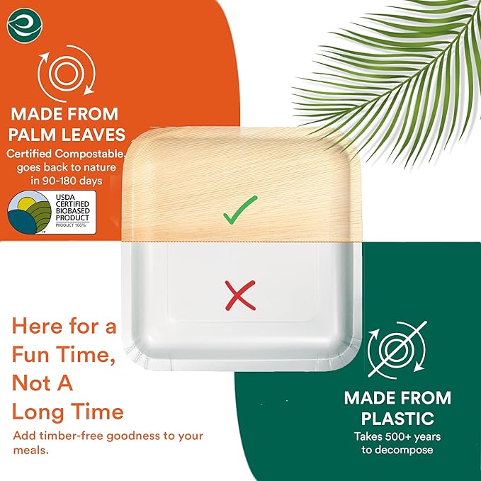 ECO SOUL Palm Leaf Disposable Bamboo Plates 10" Square Compostable & Biodegradable Party Plates for Christmas Dinner, Weddings, Parties & Events 100 Count