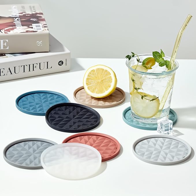 Silicone Coasters for Drinks[8 Pack, No Holder]- Cup Mat for Tabletop Protection-Non-Slip, Non-Stick, Coffee Table Decor, Great Gift for Any Occasion, Black