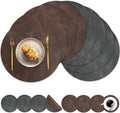 Round Placemats and Coasters Set of 8, Washable Reversible Faux Leather Placemats Cowhide Pattern Place Mats Wipeable Non-Slip 15 inch Round Kitchen Dining Table Mats (Gray Dark Coffee, 8)