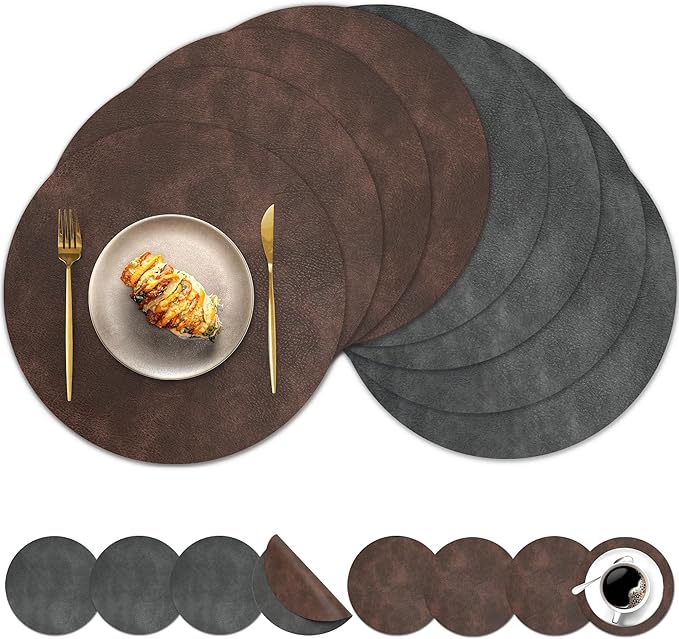 Round Placemats and Coasters Set of 8, Washable Reversible Faux Leather Placemats Cowhide Pattern Place Mats Wipeable Non-Slip 15 inch Round Kitchen Dining Table Mats (Gray Dark Coffee, 8)