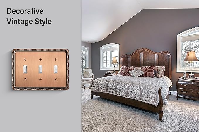 Henne Bery Rope Edge Decorative Wall Plate Switch Plate Outlet Cover (Triple Toggle, Antique Copper)