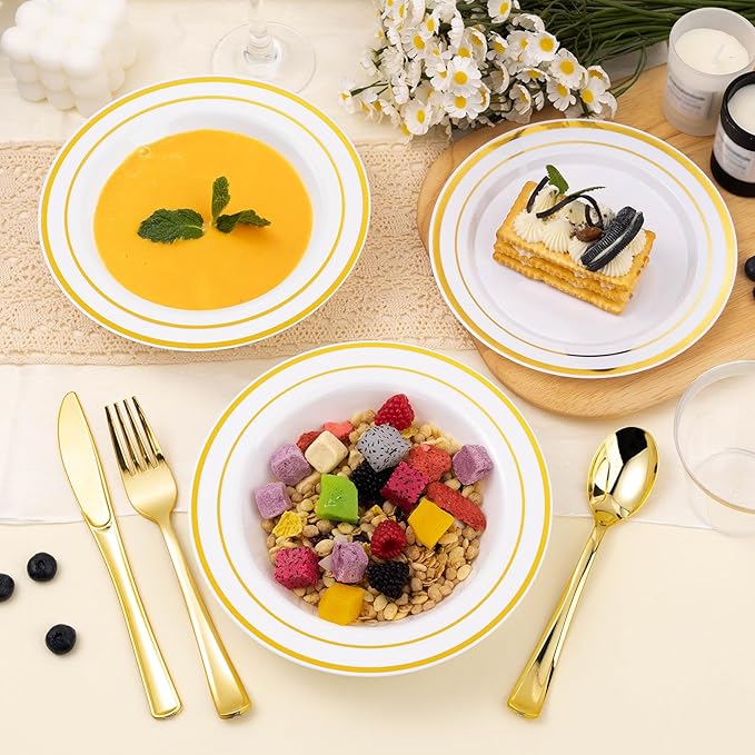 BESTSTAR 200 Pack Disposable Soup Bowls with Gold Rim, 12oz Premium Heavy Duty Plastic Dinner Bowls for Party, Wedding and Holiday