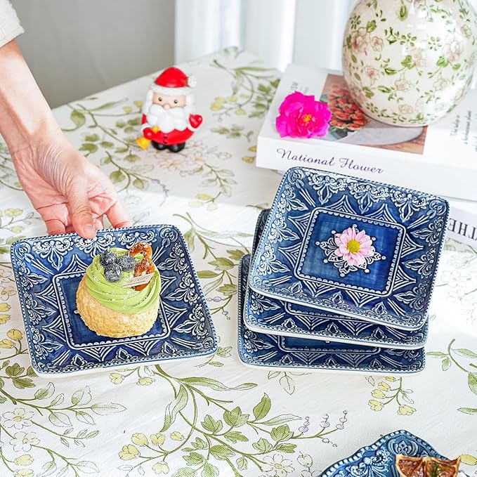 Sungmor Embossed Stoneware Fine Dining Dinnerware, Antique Baroque Style Porcelain 6 Inch Square Appetizer Plates Set of 4, Sophisticated Ceramic Small Dinner Plates Serving Dish for Dessert, Salad