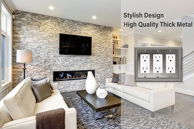 Henne Bery Sunken Pearls Heavy Duty Decorative Wall Plate Switch Plate Outlet Cover (Triple Decorator, Heirloom Silver)