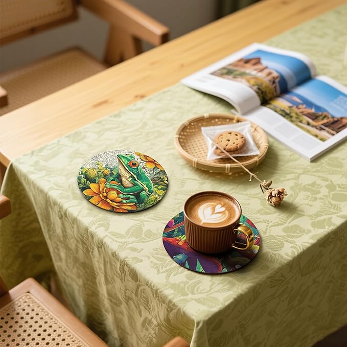 Frog Coasters Leather Round Drink Coasters 6 Pcs Set with Holderor for Cup Drink Coffee Table Bar Home Decor