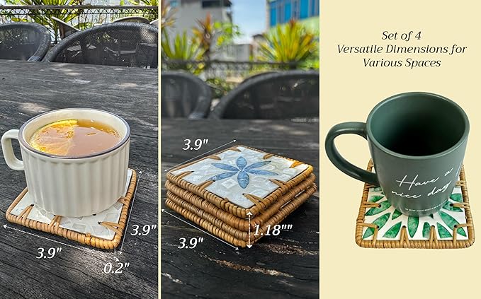 Handmade Rattan Coaster Set of 4, Cute Coasters Square with Mother of Pearl, Coastal & Boho Coaster Vintage for Decorative, Coffee Table, Bar & Outdoor Drink Coasters, Unique Housewarming Gift