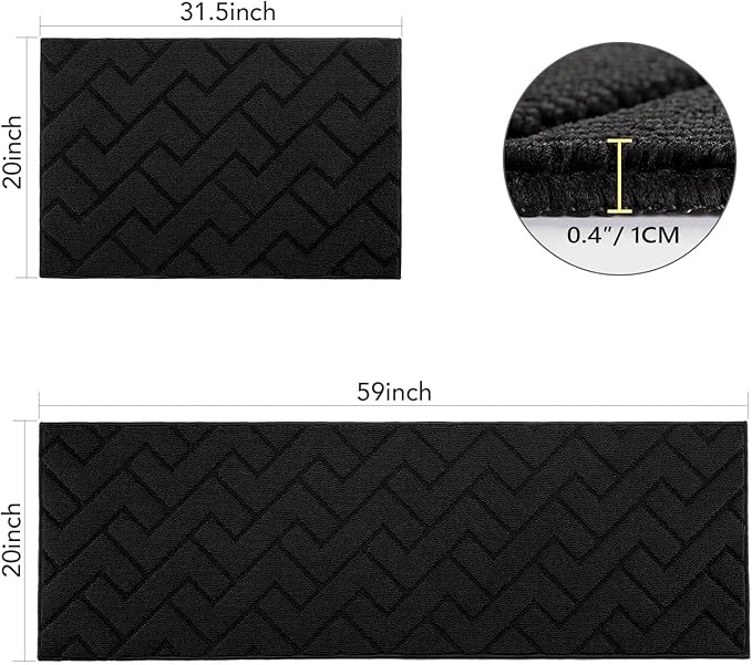 hicorfe Kitchen Runner Rug and Mats Sets,2 Pieces Super Absorbent Polypropylene Non-Slip Rug,Soft Comfort Floor Mat,Washable for Kitchen,Hallway,Office,Sink,Laundry(20" x 32"+20" x 59",Black)