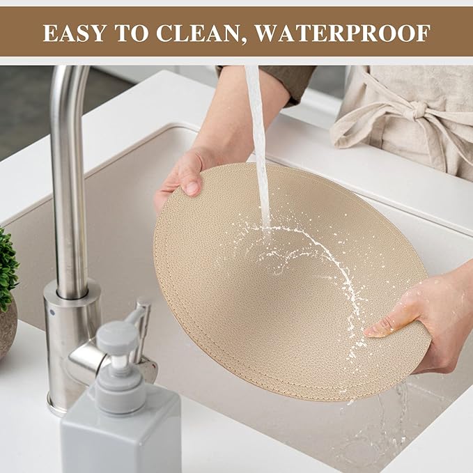 Set of 4 Faux Leather Gold Round Placemats and Coasters, Coffee Mats Kitchen Table Mats, Waterproof, Easy to Clean for Kitchen Dining Round Table