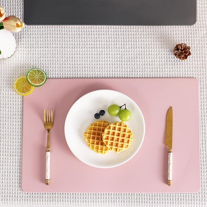 Faux Leather Placemats HeloHo Pink and Grey Table Place Mats Set of 4 Waterproof Oilproof Heat Stain Resistant Washable Wipeable Placemat for Kitchen Dining Table Decoration Indoor Outdoor