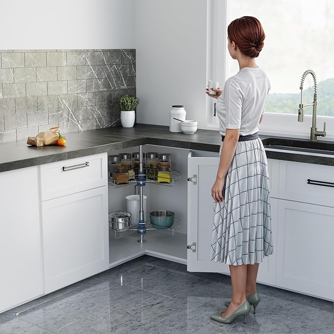 Dowell Base Cabinet Kidney Shape Dia.24 270° Lazy Susan, 2 Shelves, Kitchen Base Corner Cabinet Organizer (Chrome 4001 270 24)