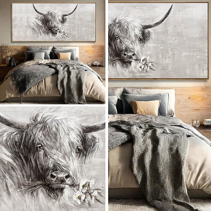 Framed Extra Large Gray Gold and White Cow Canvas Wall Art with Flower Modern Farmhouse Animal Poster for Living Room Bedroom Office Wall Decor 40x88 Inch