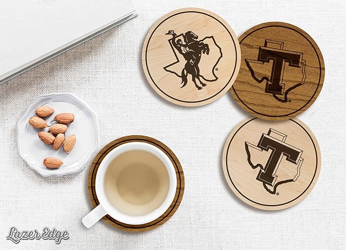 LazerEdge Tarleton State Texans Wooden Coaster Set - Cherry Wood - Officially Licensed Product - 4-Pack