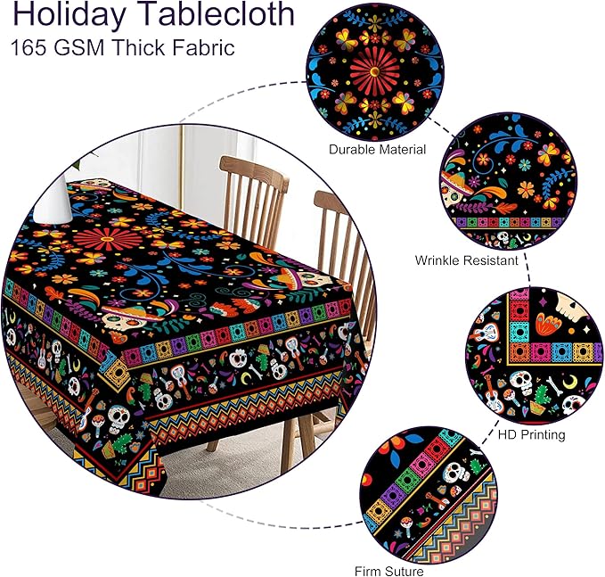 Mexican Tablecloth Rectangle 60 x 120 Inch, Cinco De Mayo Flower Skull Table Cloth Fiesta Indoor Decorations for Dining Room Party