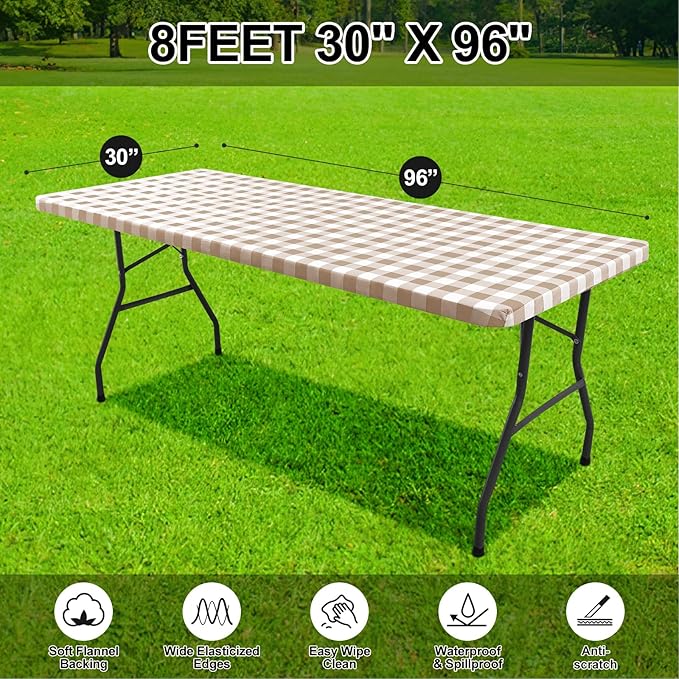 Smiry Rectangle Picnic Table Cloth, Elastic Waterproof Fitted Vinyl Tablecloths, Flannel Backed Buffalo Plaid Table Covers for Dining, Camping, Outdoor (White and Khaki, 30" x 96")