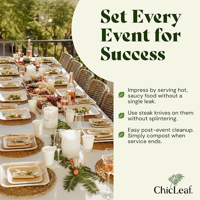 Chic Leaf Compostable Palm Leaf Plates & Cups Set - 10 In & 7 In Pack of 45, Natural - Biodegradable Tableware & Disposable Plates & Cups - Durable Bamboo Utensils, Valentine's Romantic Table Setting