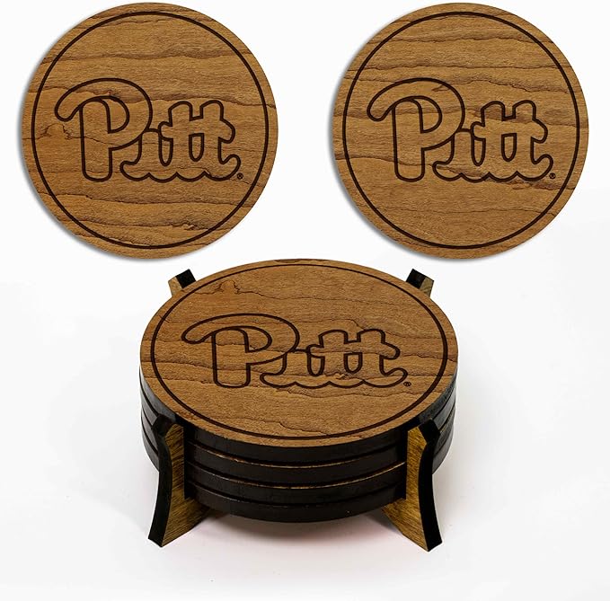 LazerEdge Pittsburgh Panthers Wooden Coaster Set - Cherry Wood - Officially Licensed Product - 4-Pack