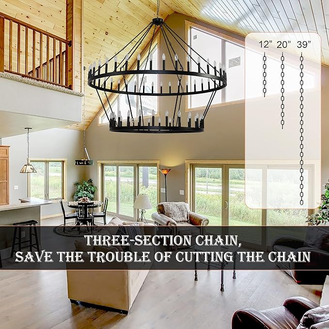 70 Inch Extra Large Wagon Wheel Chandelier 2 Tier 64-Lights Black Farmhouse Pendant Light Fixture, Round Rustic Hanging Lighting for Outdoor Porch high Ceilings Living Dining Room Foyer Entryway