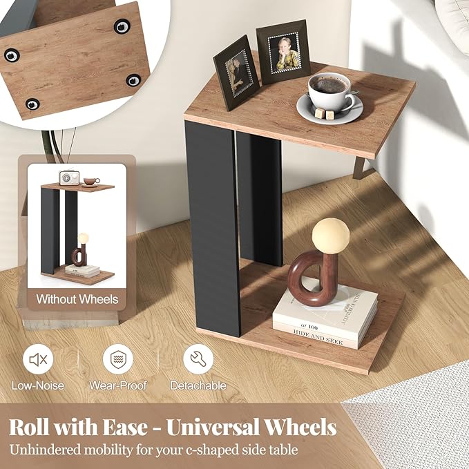 Giantex Rolling C Shaped End Table Set of 2, 2-Tier Sofa Side Table with Universal Wheels & Storage Shelf, Narrow Nightstand for Small Space, Mobile Snack Couch Tray Table for Living Room & Bedroom
