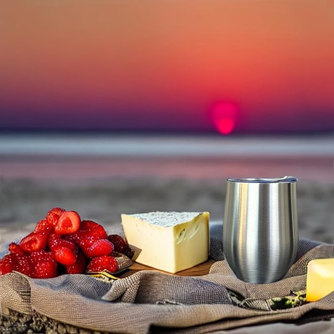 CHILLOUT LIFE 12 oz Stainless Steel Wine Tumblers 4 Pack - Double Wall Vacuum Insulated Wine Glasses Cups with Lids and Straws Set Keeping Cold & Hot for Coffee, Beer, Ice Cream - Dishwasher Safe