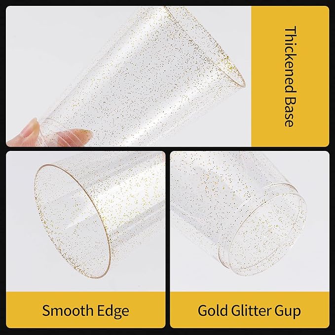 Goodluck 9 oz 100 PCS Gold Glitter Plastic Cups, Disposable Glitter Cups, Elegant Plastic Cocktail Glasses, Fancy Party Cups for Wedding, Birthday, Holiday