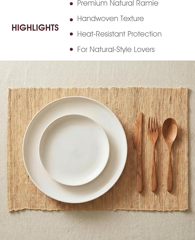 Handmade Ramie Placemats Set of 6, 12"x18" Eco-Friendly Natural Woven Table Mats for Dining Table, Heat-Resistant & Washable Natural Fiber Placemats for Kitchen, Farmhouse, Boho & Home Decor