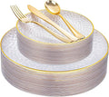 Rubtlamp 30Guest Plastic Gold Dinnerware Set, Gold Plastic Plates, Heavy Duty Disposable Dinnerware Include 30 Dinner Plate,30 Dessert Plates, 90 gold Silverware